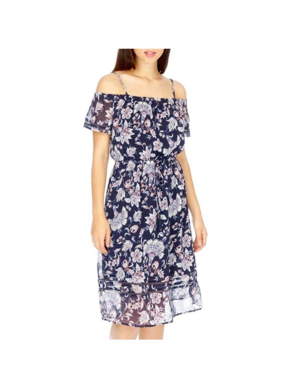 Lucky Brand Floral Off The Shoulder Dress Women S Navy Midi Boho Hippie Festival